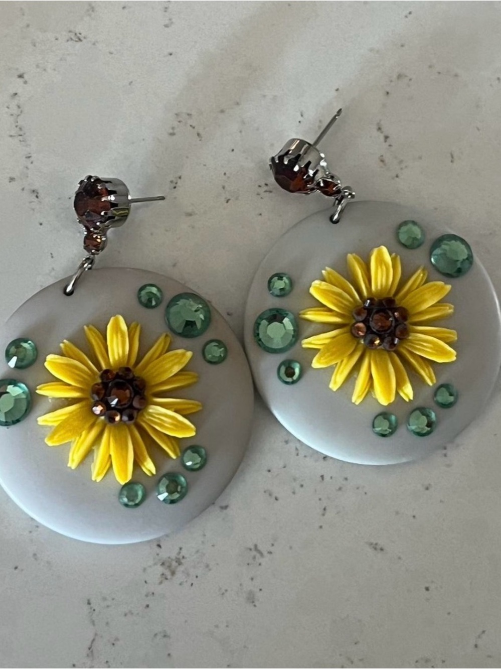 Tarina Tarantino Yellow Daisy Drop Earrings with Green Rhinestones